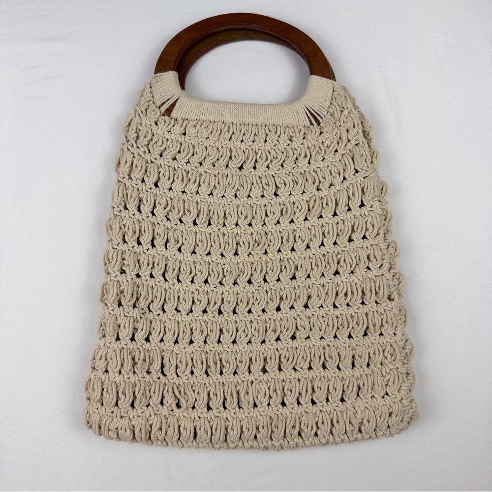 Universal Thread Woven Crochet Tote Bag Boho Wooden Handle Neutral EUC
